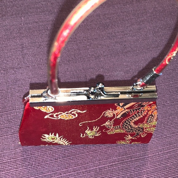 Asian Mini Red Silk Golden Dragon Snap Button Purse 4”H x 2”W x 5.5” L - Picture 5 of 13